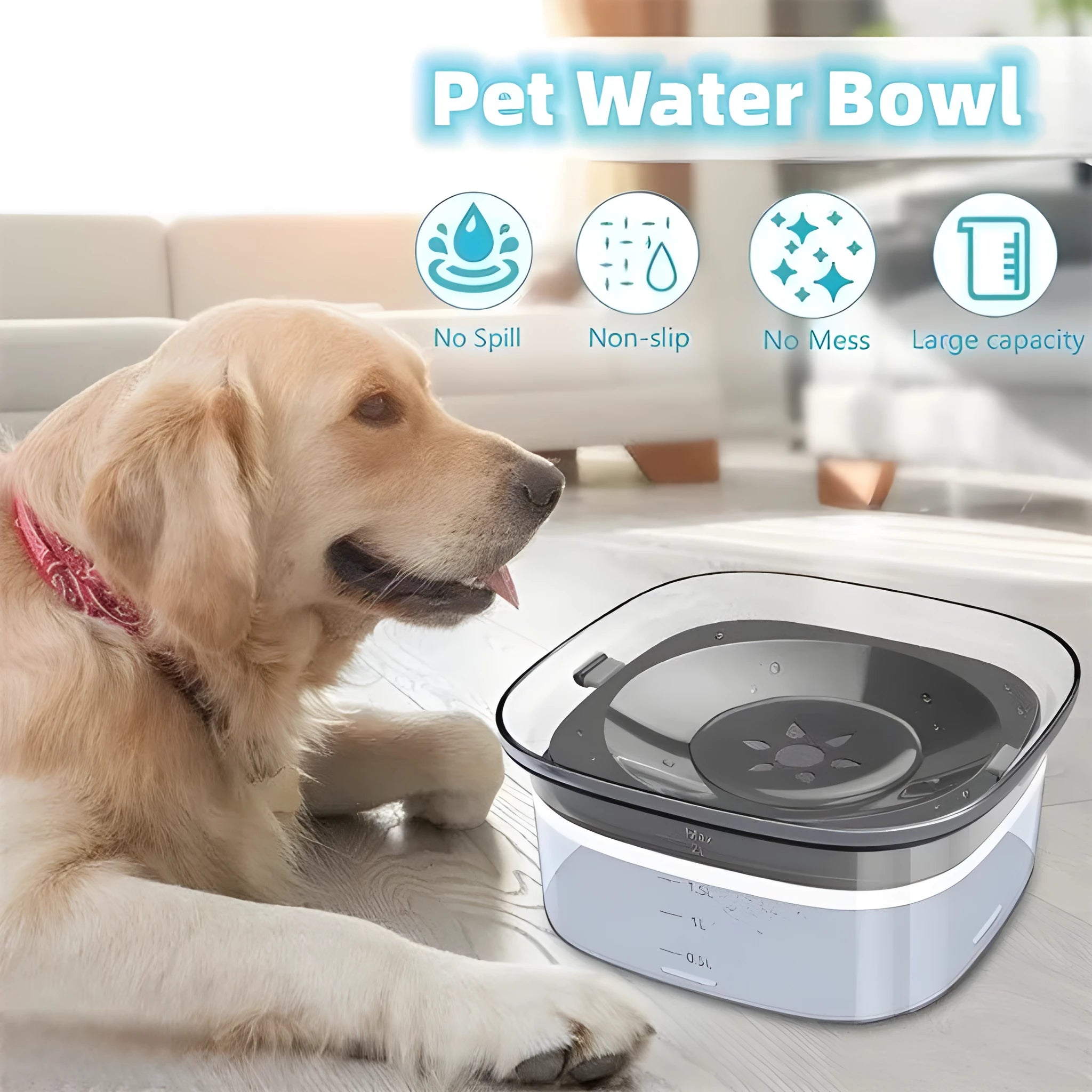 Transparent 70oz dog water bowl with floating disc showing visible water level measurement