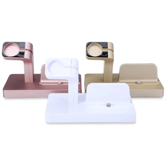 White charging dock station holding iPhone and Apple Watch with cable
