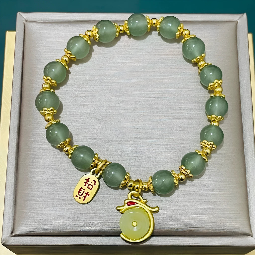 Peace buckle bracelet with rabbit motif, glass and coloured glaze beads