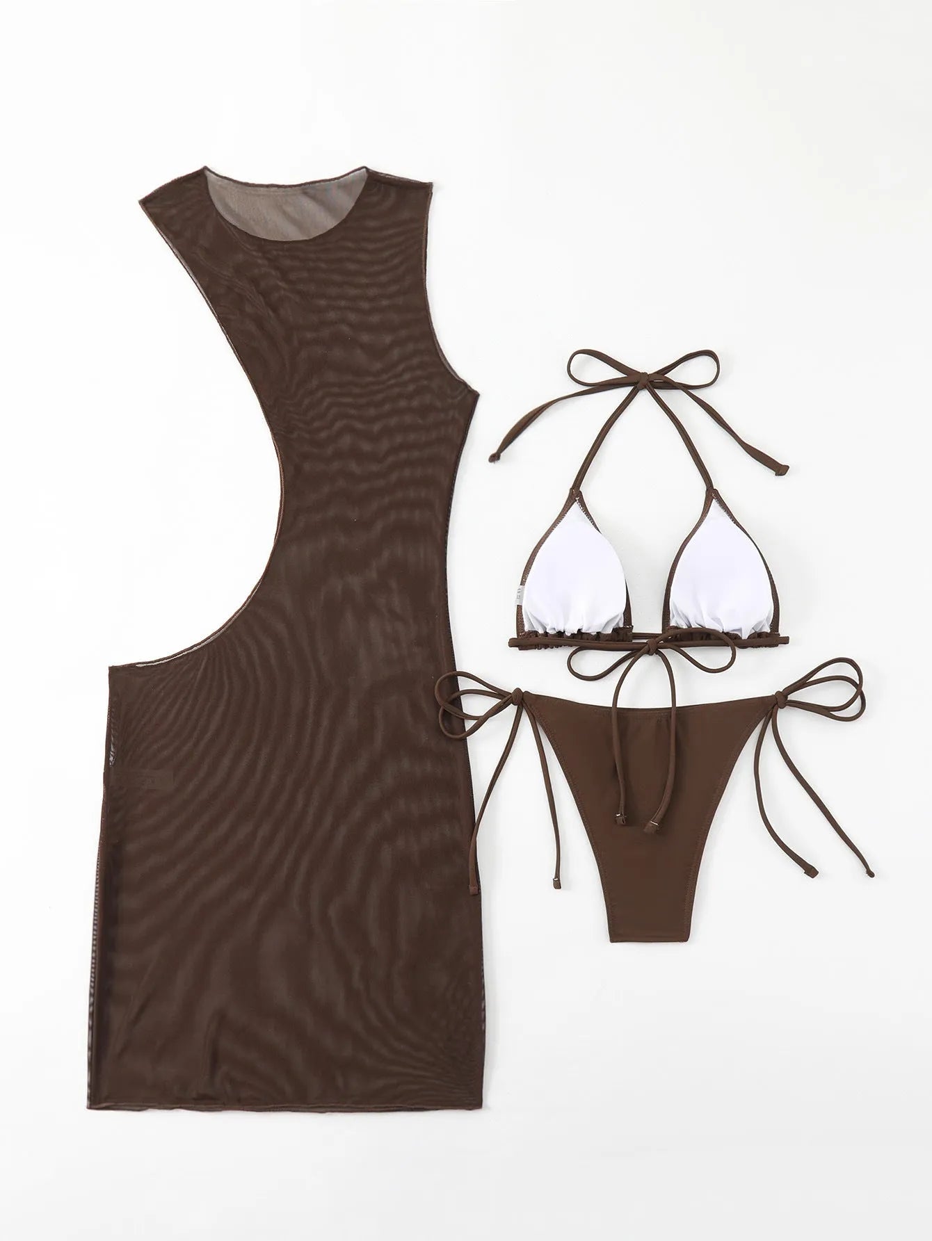 Brown solid colour women's three-piece swimsuit set with bra, shorts, and blouse