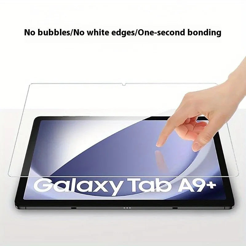 Samsung Galaxy tablet with tempered glass screen protector showing edge detail and anti-fingerprint surface