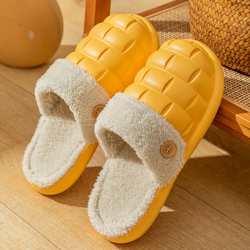 A pair of pink detachable EVA slippers with plush lining and a textured sole.