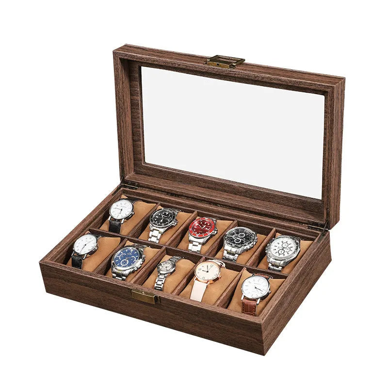 Household portable retro wood grain PU leather watch storage box with soft pillows, MDF shell, and glass finish