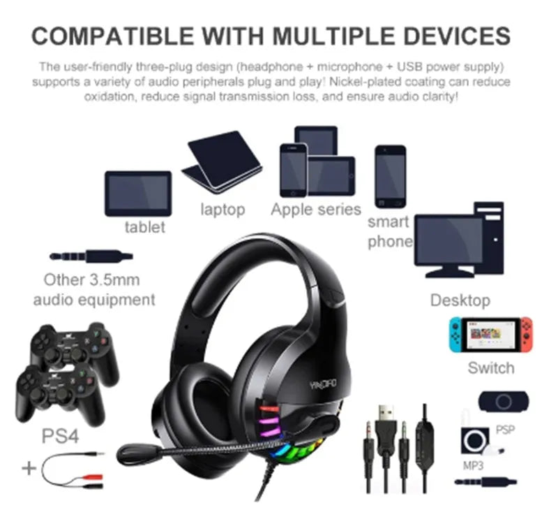 Black wired gaming headset with microphone and cable line control, showing 3.5mm plug.