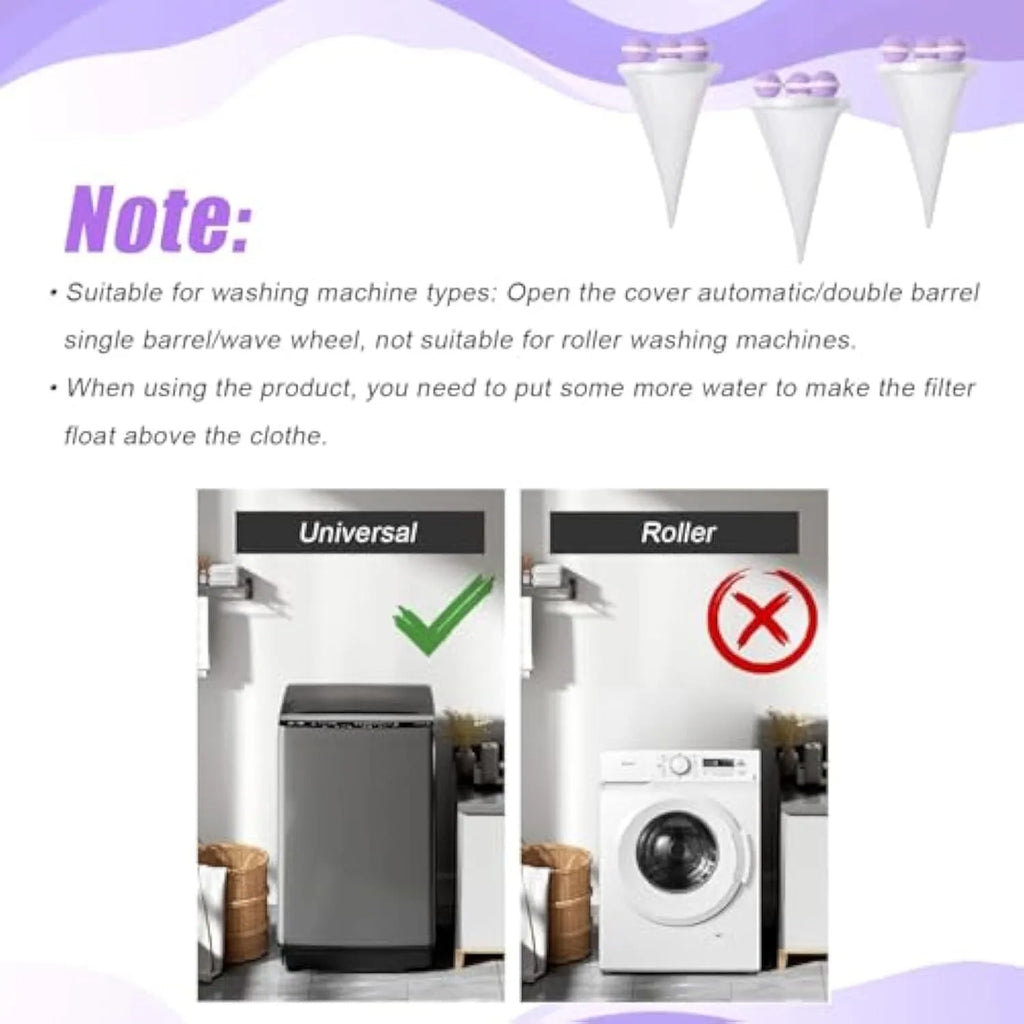Set of three reusable pink, blue, and purple washing machine hair filter bags for catching pet hair and lint.