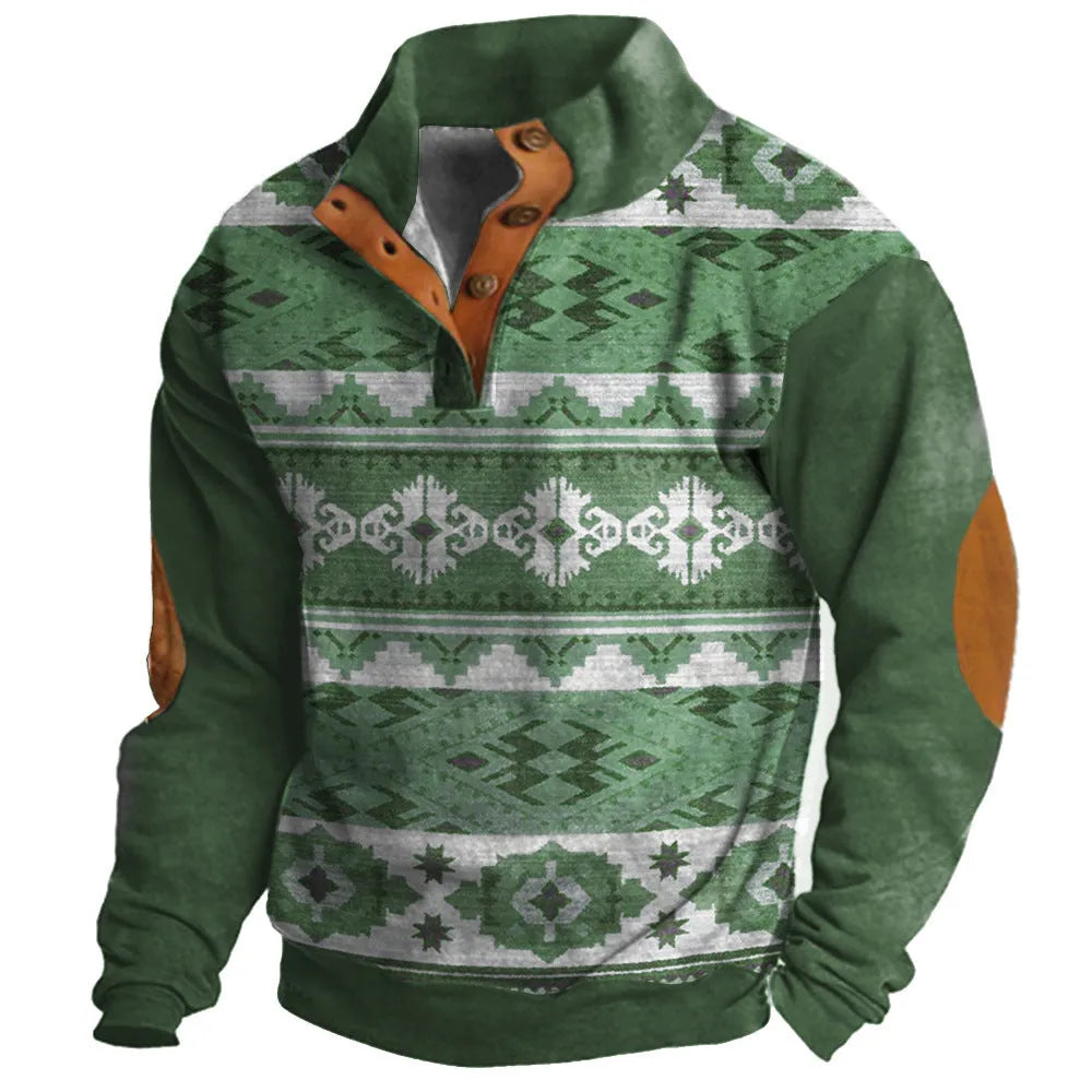 Man's loose fit grey sweater with blue 3D geometric digital print pattern and four-button front.