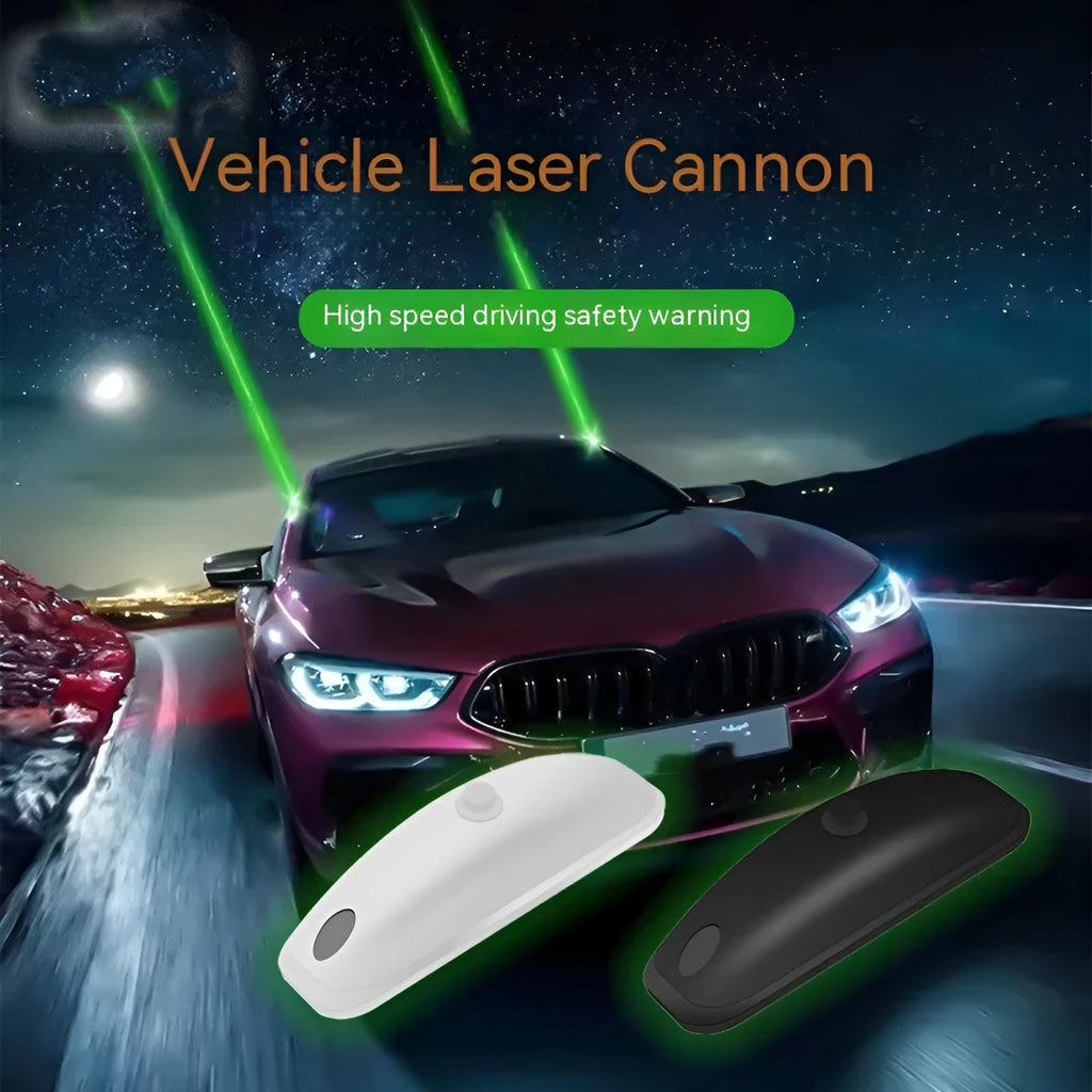 Black vehicle-mounted laser lamp with remote control and USB charging cable on a car dashboard.