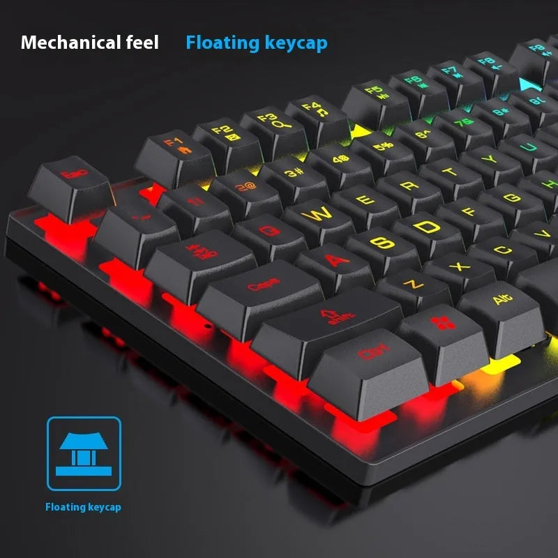 Black portable gaming keyboard with 104 backlit keys and matching mouse