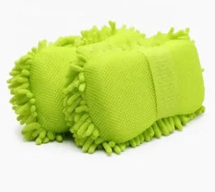 Silvery green chenille microfiber car wash sponge on a car bonnet.