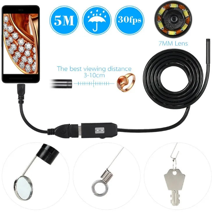 OWSOO USB endoscope camera with 5m cable, hook, magnet, and mirror accessories for phone inspection