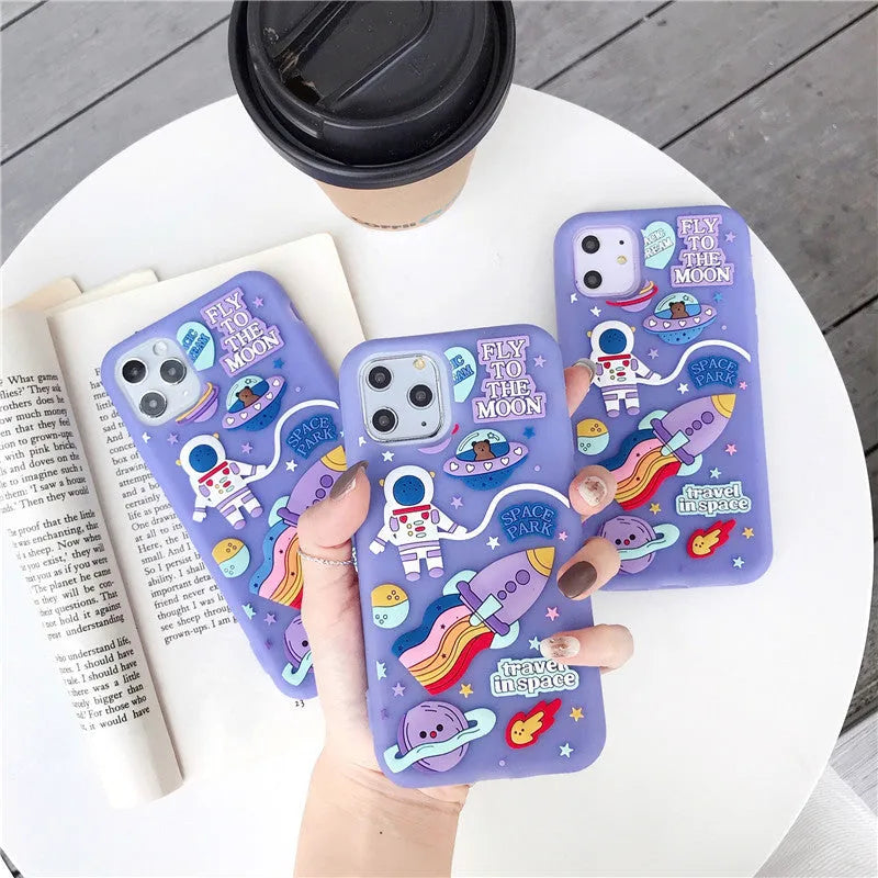 Purple silicone phone case with 3D astronaut and rocket design for Apple iPhone