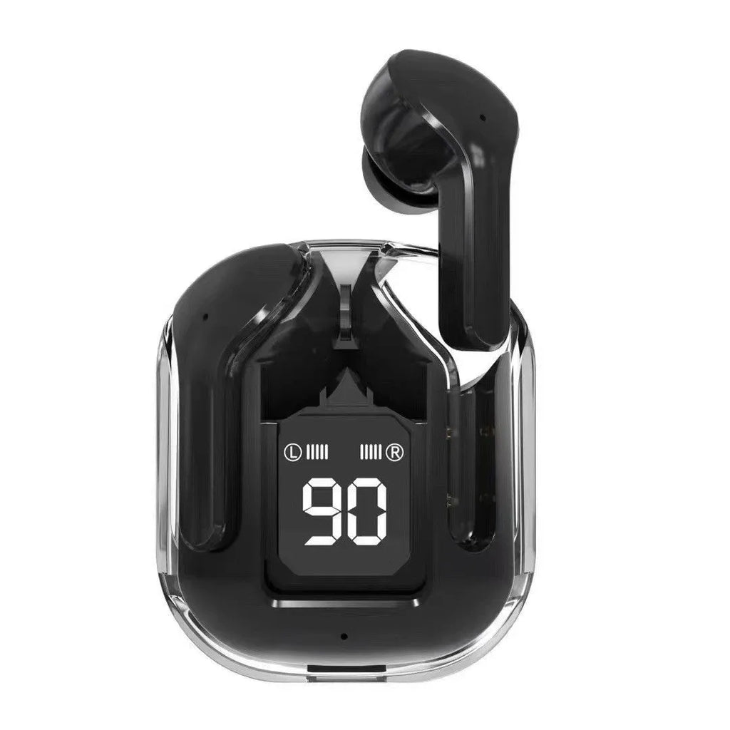 Transparent space capsule case Bluetooth earphones with digital display screen in six colour options