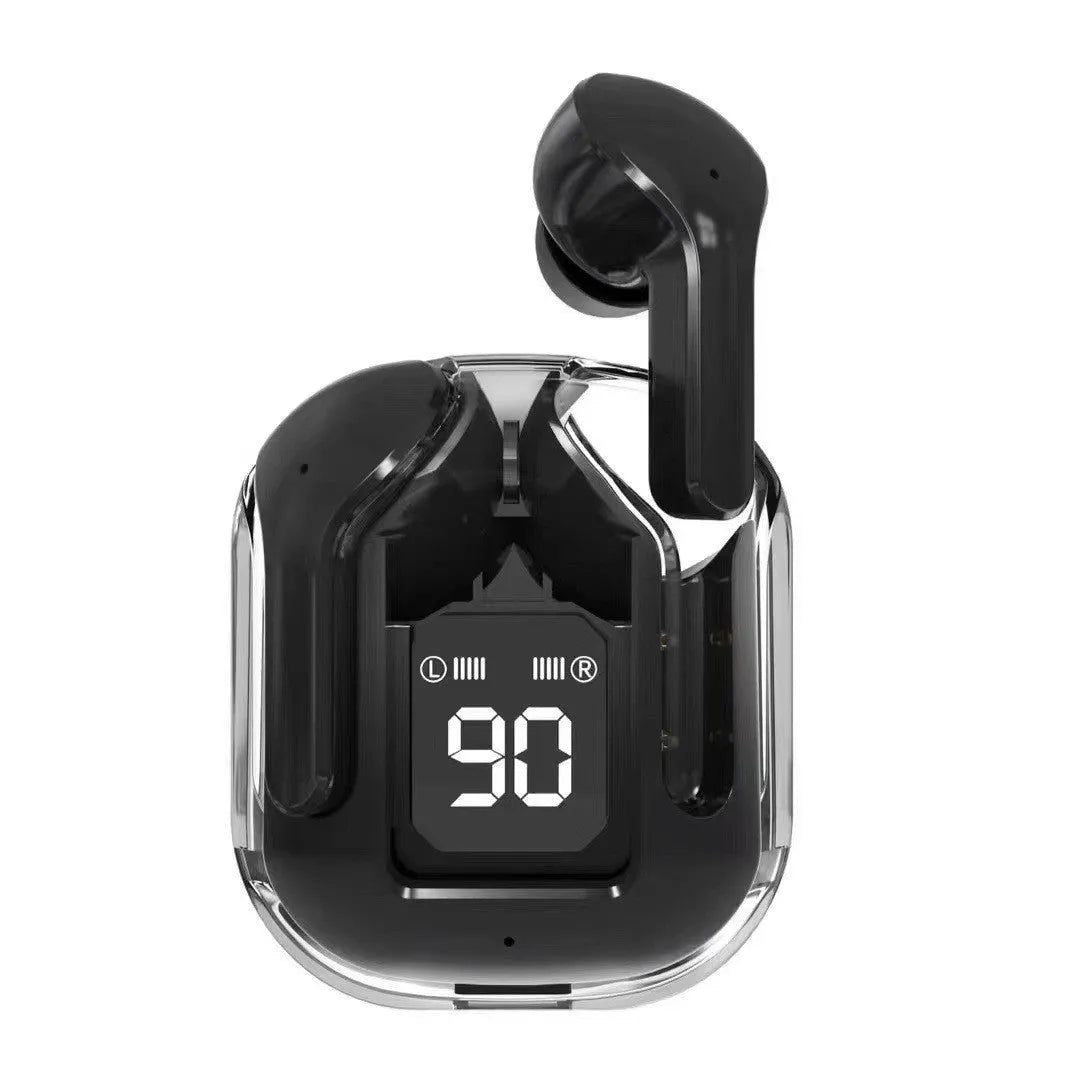Transparent space capsule case Bluetooth earphones with digital display screen in six colour options