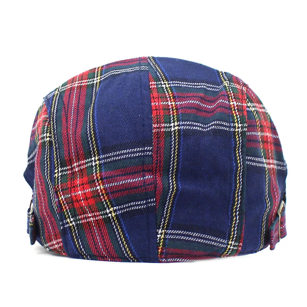 Retro plaid beret with dome crown and curved brim in red colour for adult men and women