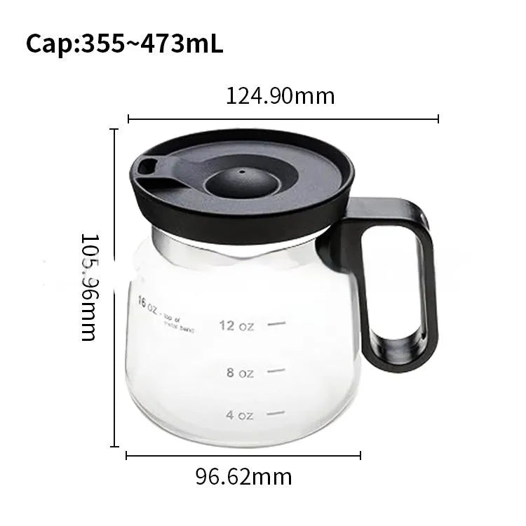 Transparent glass coffee maker with silicone cover showing pour-over design for 355ml to 473ml capacity