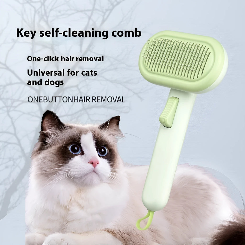 Large light grey pet grooming comb with stainless steel teeth and integrated tools for cat and dog hair removal.