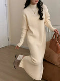 Acrylic half turtleneck knit dress in knee-length design with long sleeves
