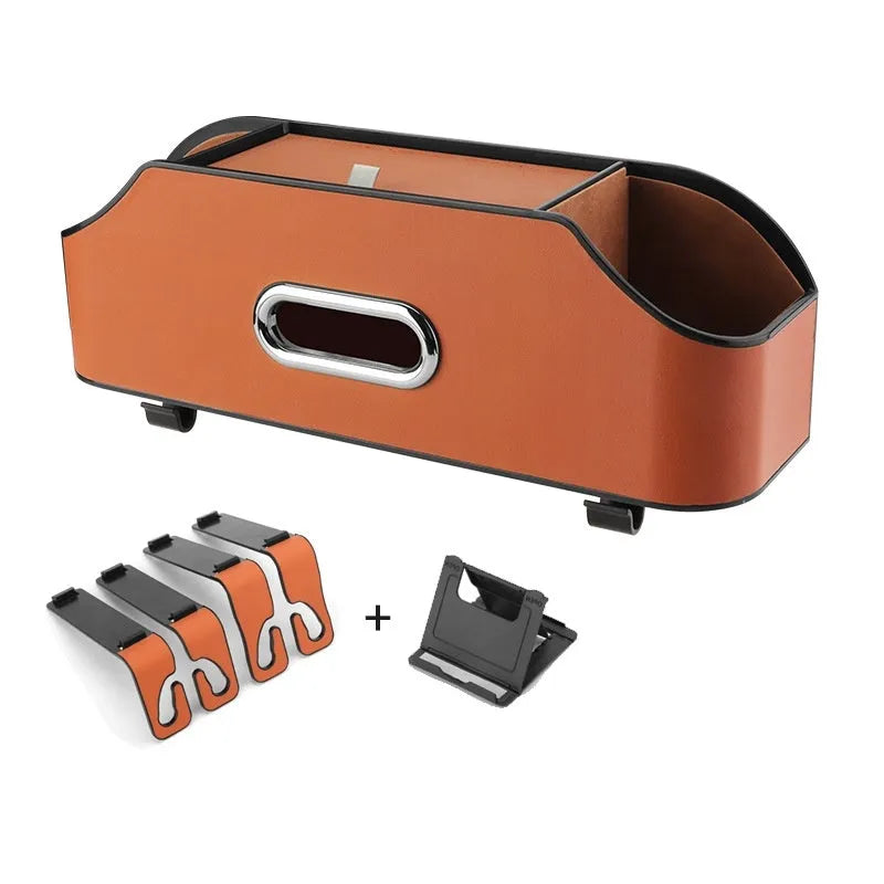 Genuine leather multifunctional car tissue box and cup holder organiser in beige colour.