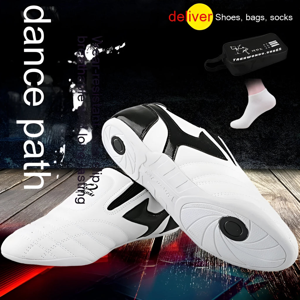 Black and white children's Sanda Taekwondo martial arts shoes with a soft sole and widened fit.