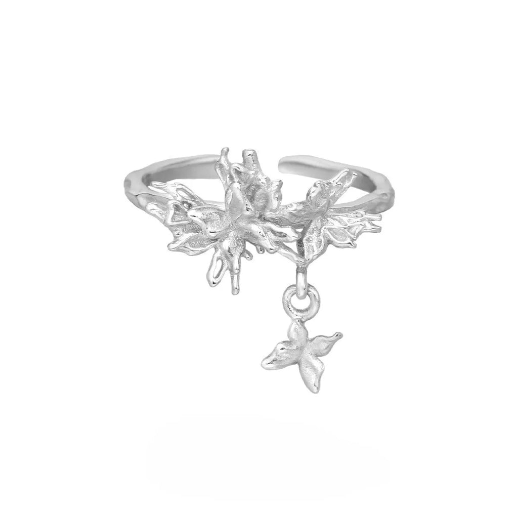 Adjustable silver butterfly ring with electroplated finish in gold colour options