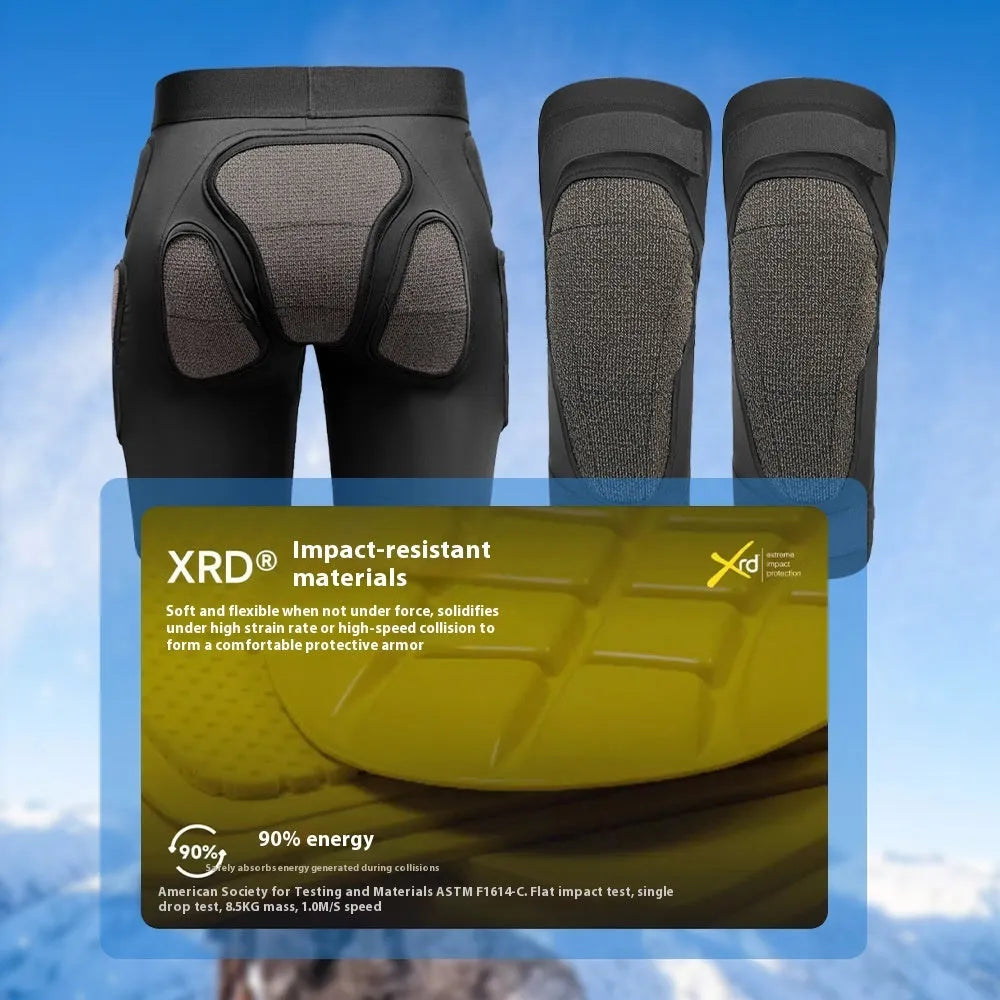 X-ray diffraction skiing protective gear set showing hip pads and knee pads for anti-fall cushioning