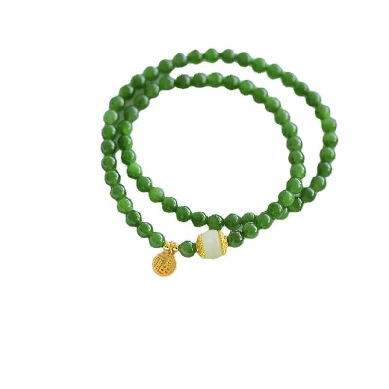 Women's double circle Hetian jade bracelet with geometric shape and fu character