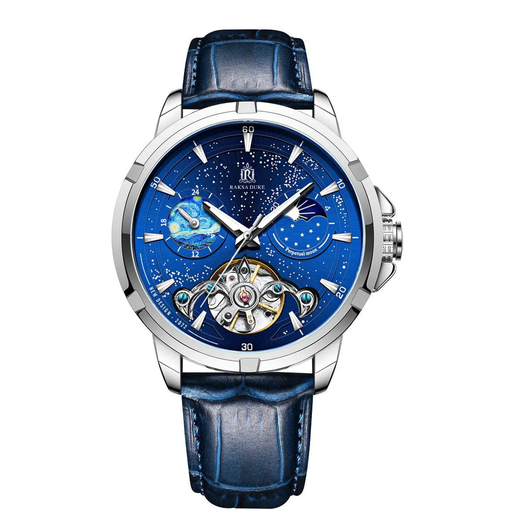 Men's blue dial automatic mechanical watch with stainless steel case on wrist.
