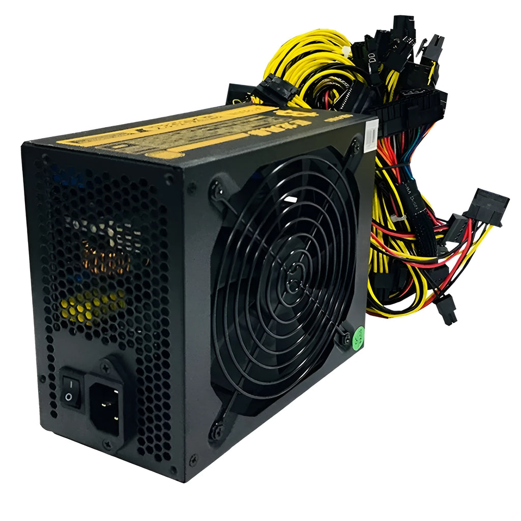 Black 110V server power supply with 2000W capacity, active PFC, and multiple GPU interfaces