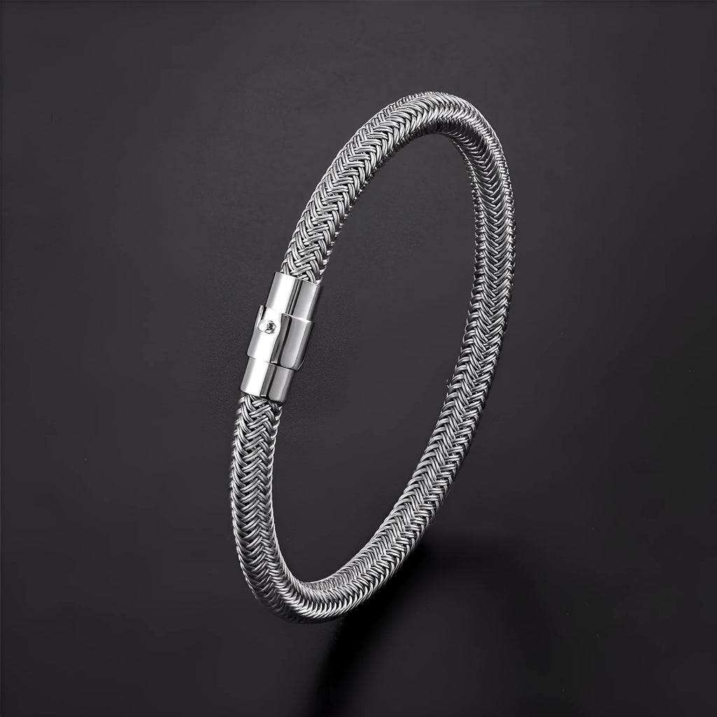Men's titanium steel geometric wire bracelet with a magnetic clasp shown in various colours.