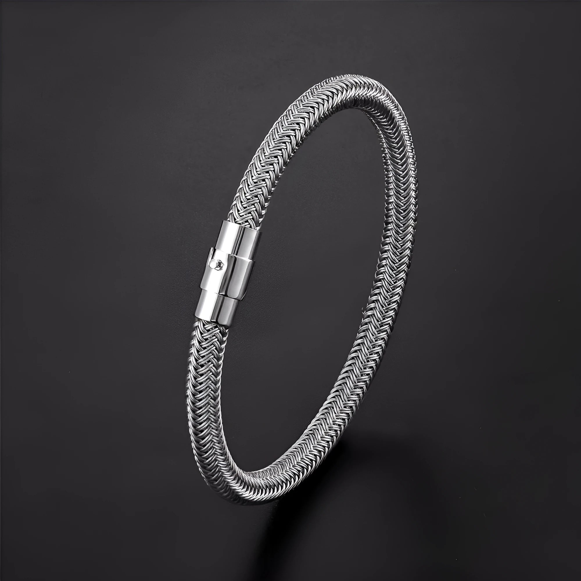 Men's titanium steel geometric wire bracelet with a magnetic clasp shown in various colours.