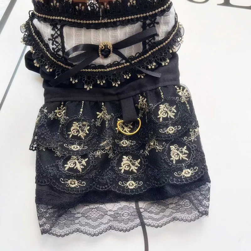 Golden gothic-style princess skirt for a small dog or cat on a mannequin