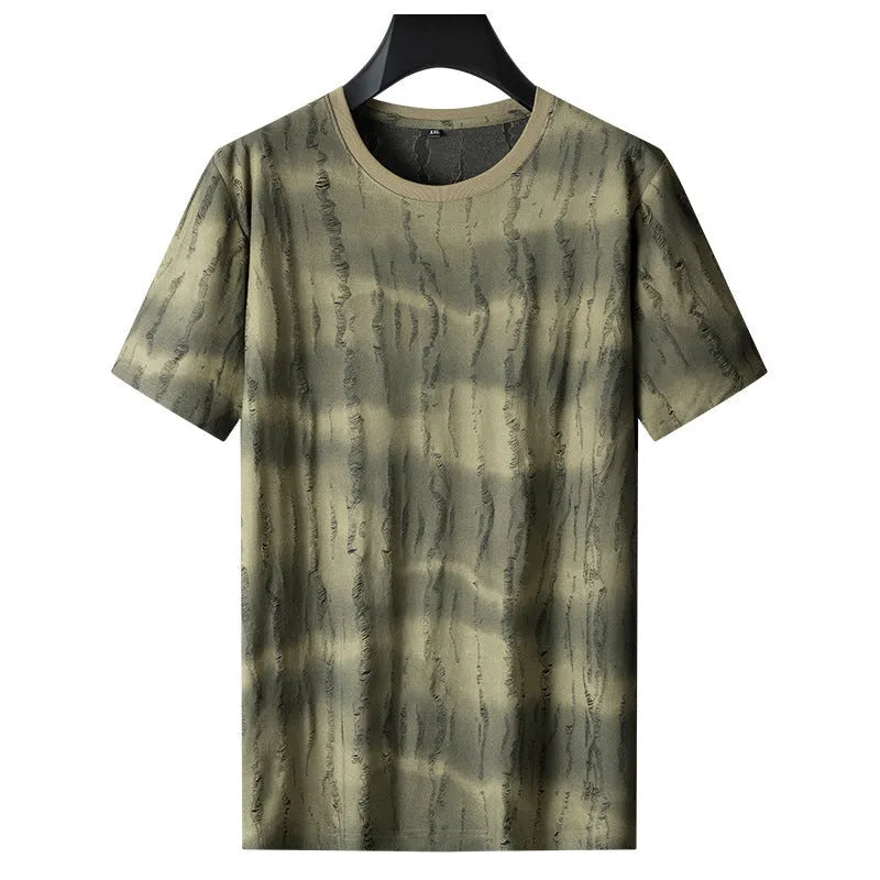 Men's grey plus size loose-fit silk T-shirt with short sleeves on a hanger.