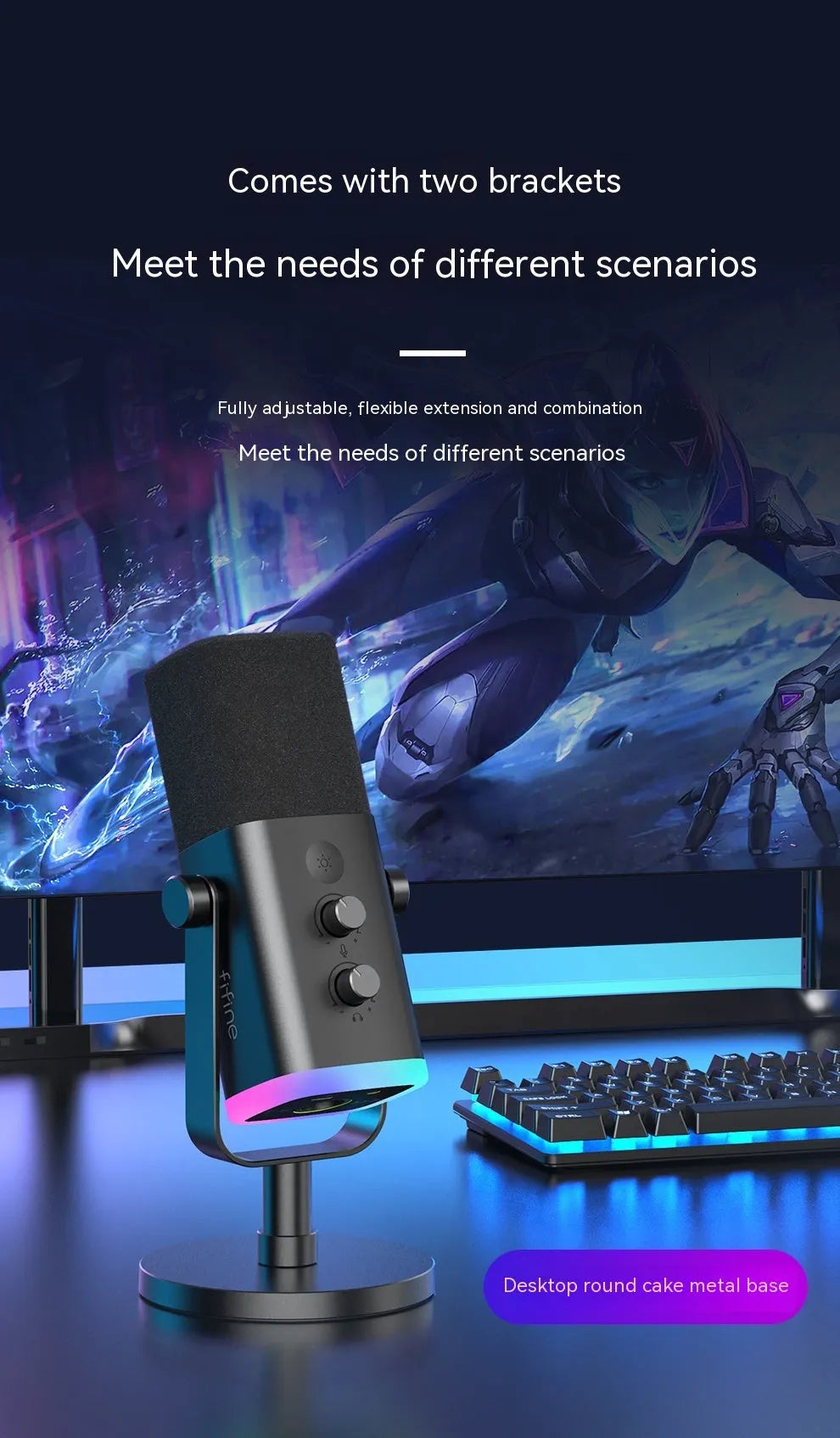 Dynamic noise reduction microphone in black with white shock mount bracket and included XLR and USB cables