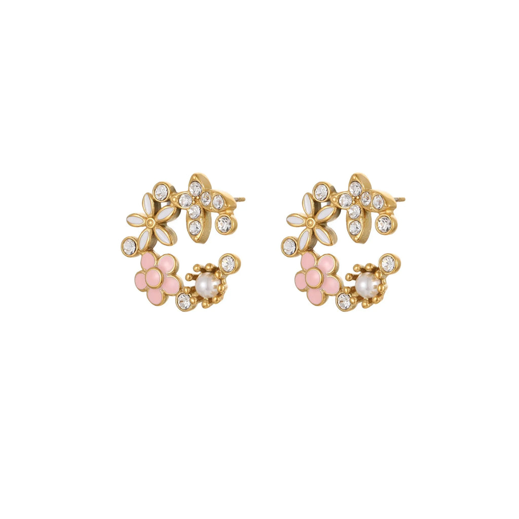 Colourful diamond flower stud earrings with gold plating and petal design