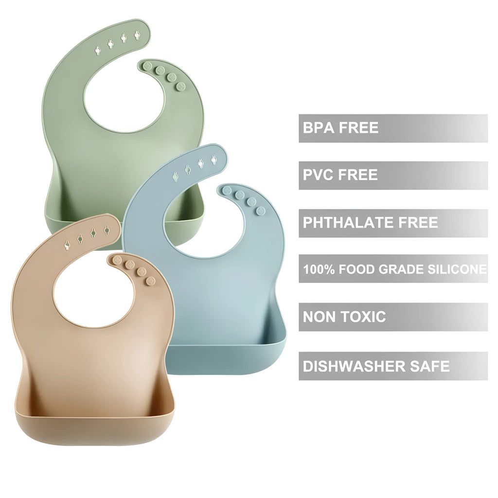 Soft silicone baby bib with deep spill pocket in classic colour, adjustable neck strap, waterproof feeding essential