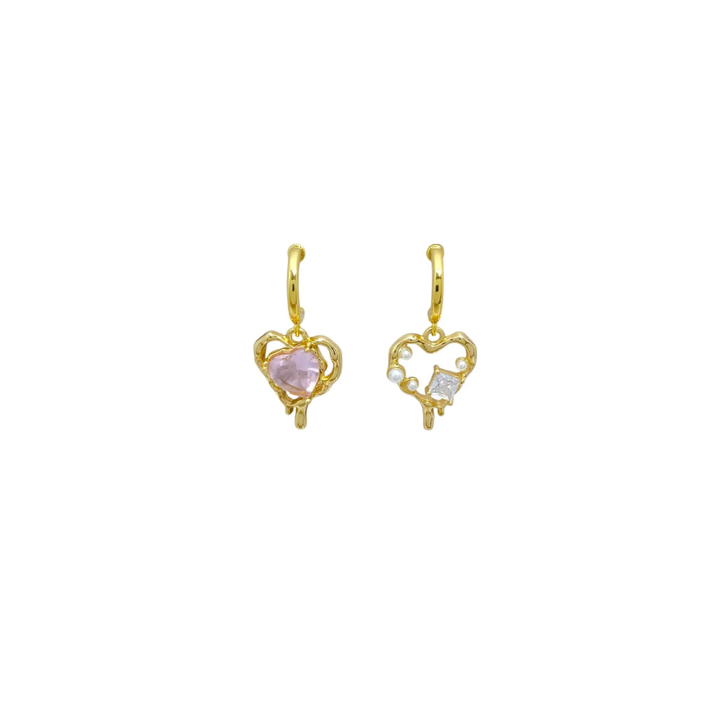 Asymmetric zircon and pearl earrings on copper heart base, light luxury style for women, available as ear clips or ear studs