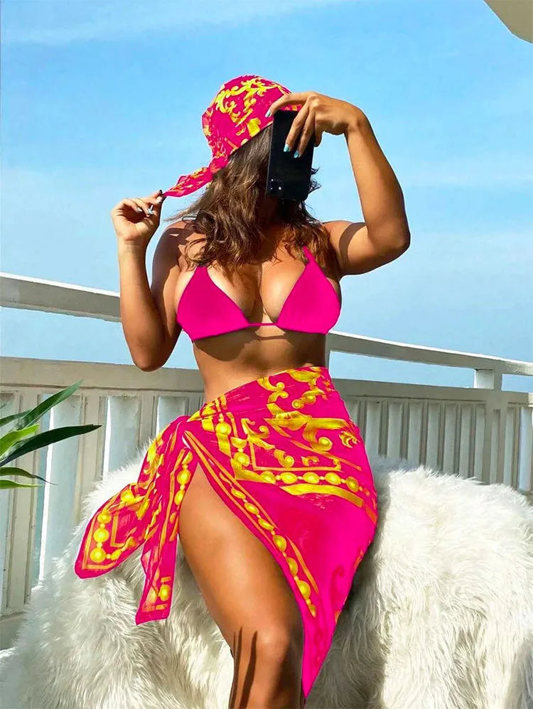 Vintage print lace-up bikini three-piece swimsuit in blue, rose red and pictured colour options