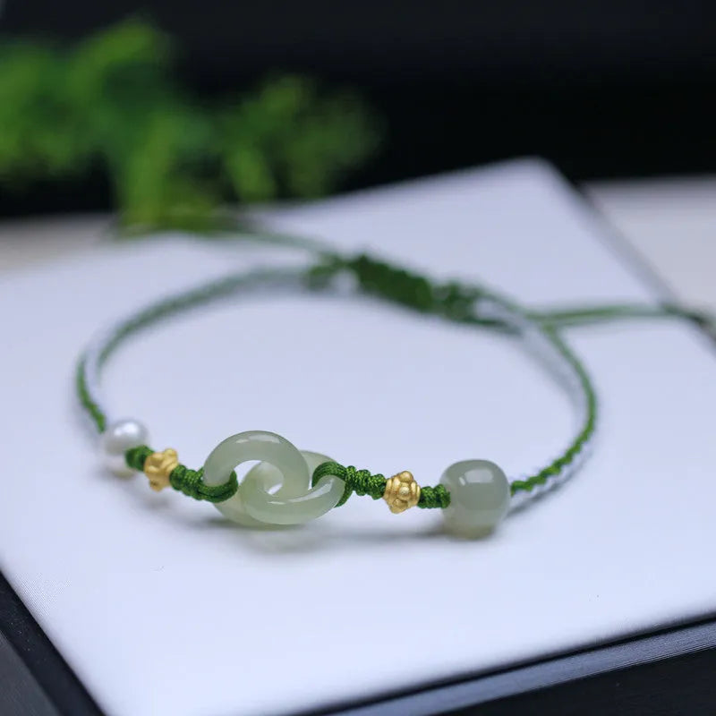DIY woven bracelet kit showing Hetian jade beads, flexible wire, and silver or gold plated clasps for jewellery making