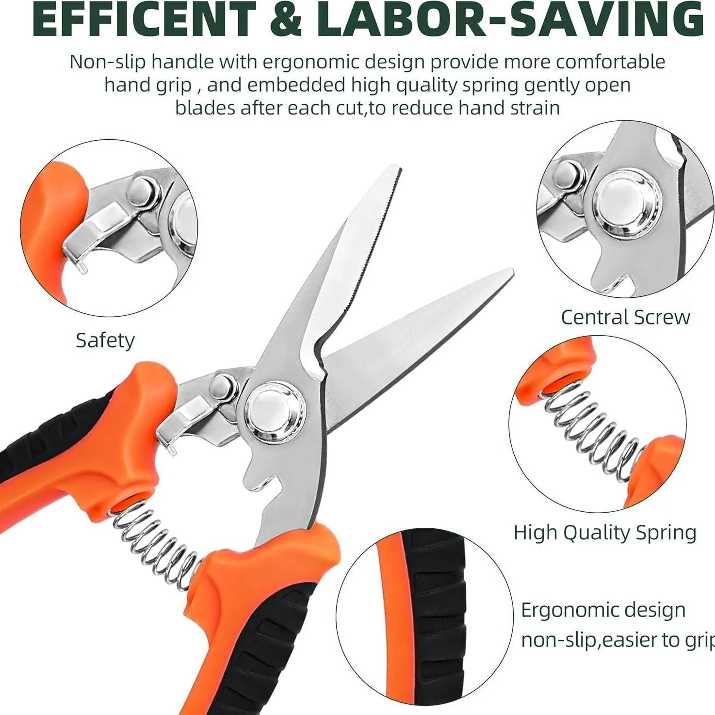 Set of three stainless steel pruning shears in yellow and orange with straight heads on white background