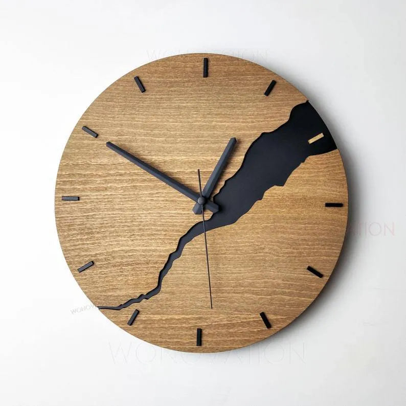 Modern creative crack design wooden wall clock in a choice of five colours on a wooden shell.