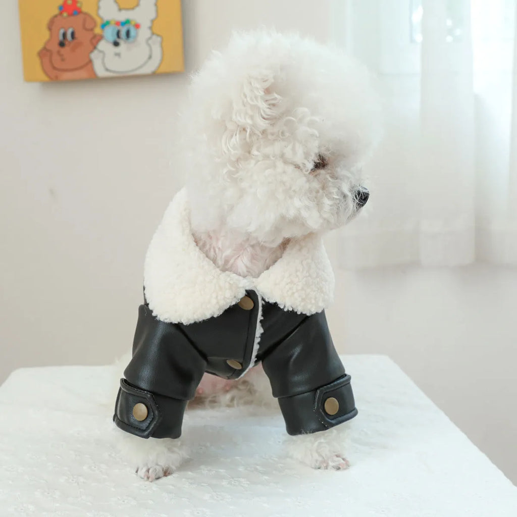 Large fur coat style dog jacket with fleece lining in black, beige or suede colours for winter warmth