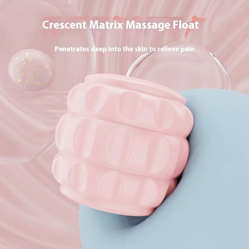A handheld ring clip leg massage roller with double-row wheels, shown in coral pink.