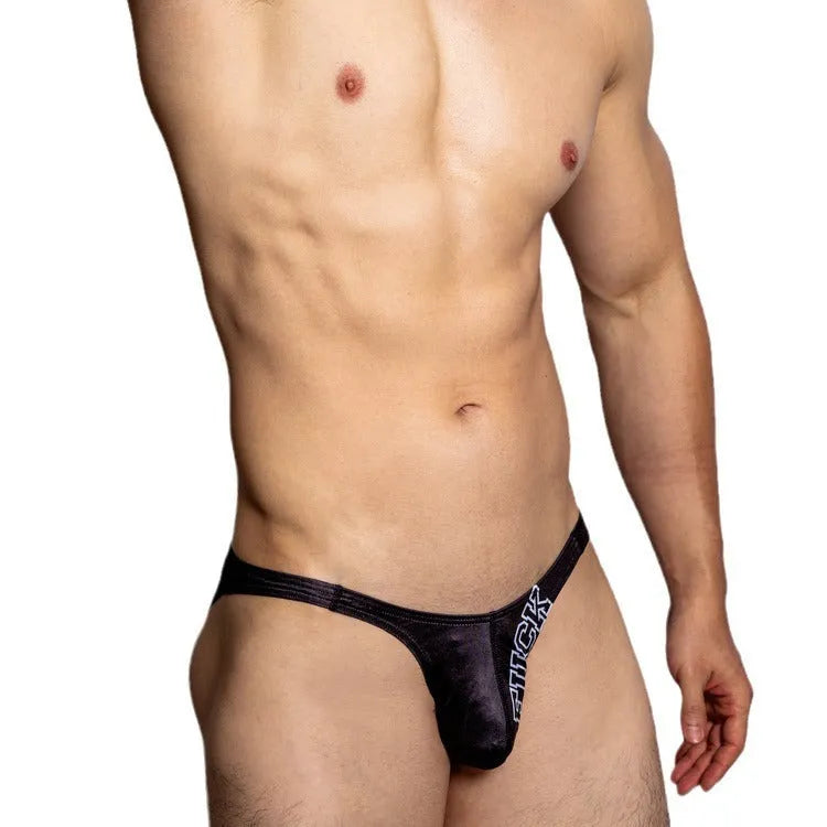Low waist polyester triangle shorts for couples in black, white, and orange colours.