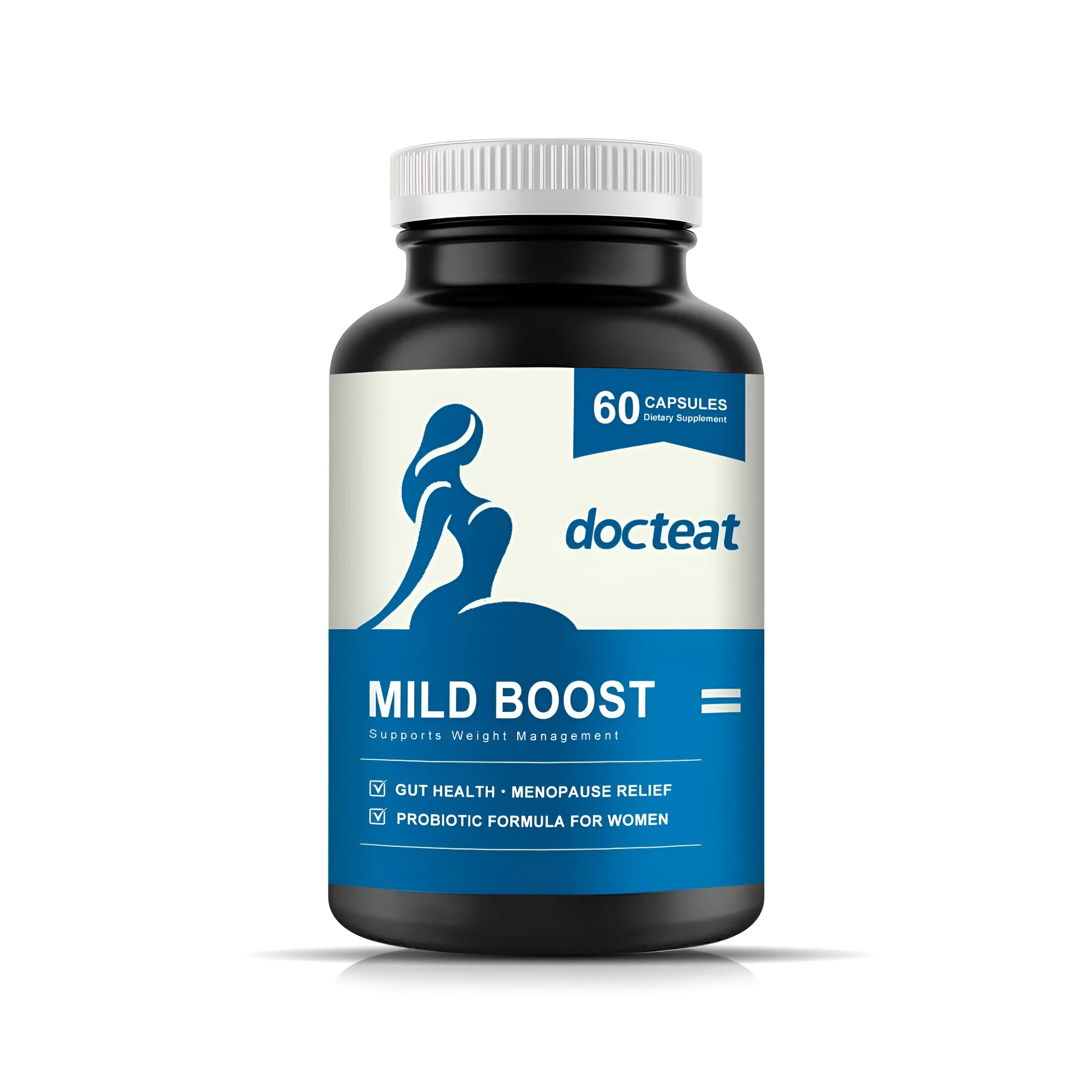 Bottle of dietary supplement capsules containing probiotic blend, turmeric, and moringa leaf extract.