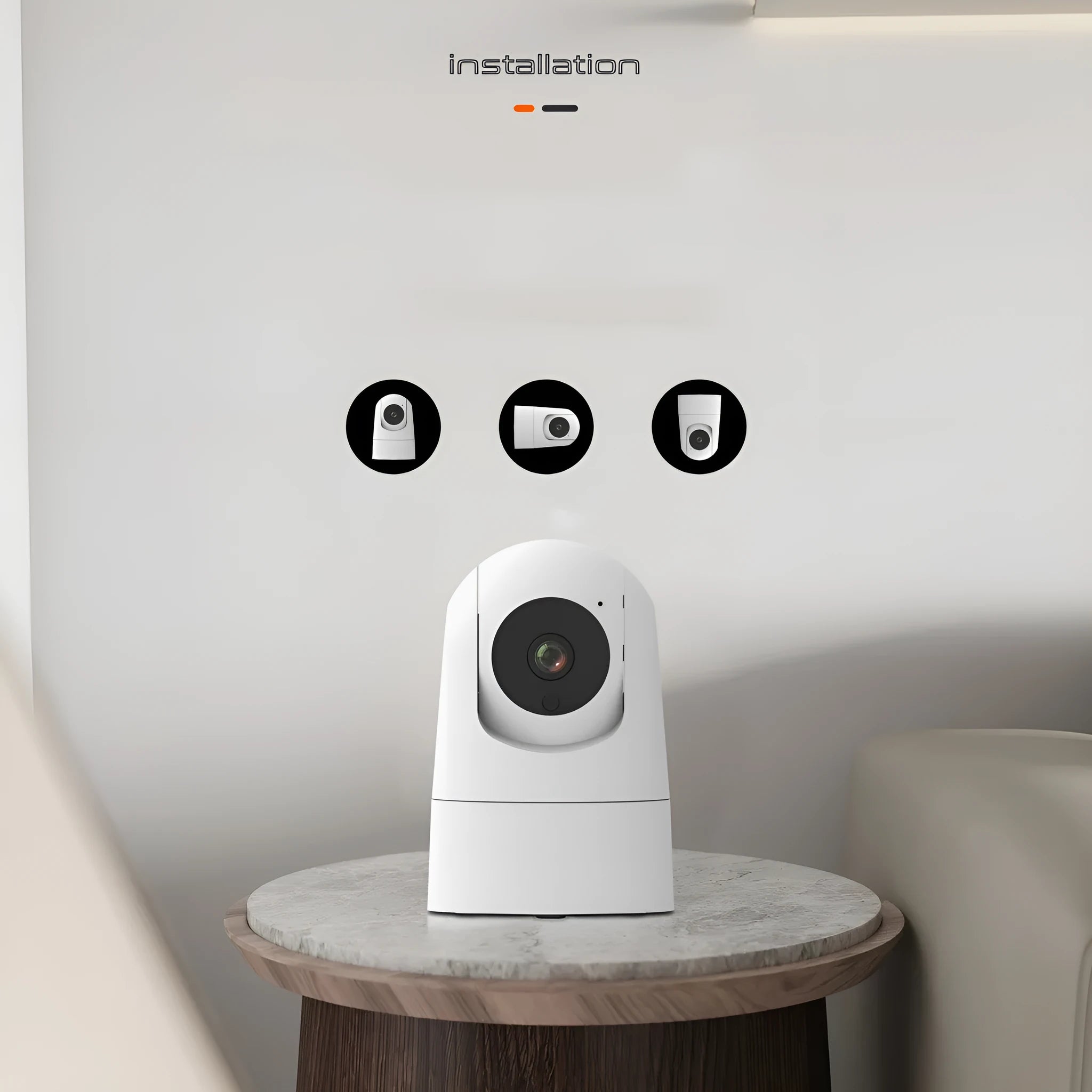 White indoor 5G security camera with tilt head on a desk next to EU UK US power plugs.