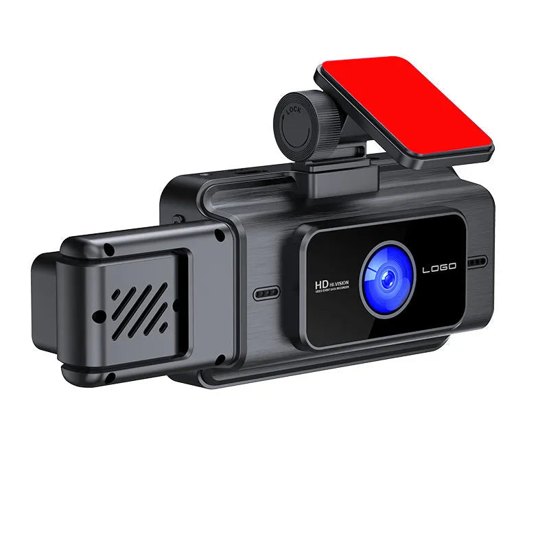 Black three-lens dashboard camera with 3-inch screen for front windshield installation