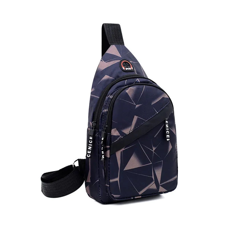 Blue Oxford cloth crossbody chest bag for men with an earphone hole and zipper.