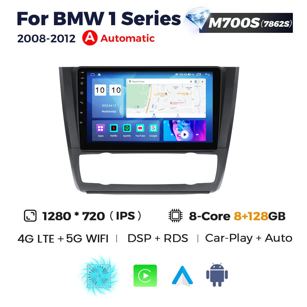 9-inch Android car navigation touchscreen unit for BMW E87 vehicle dashboard.