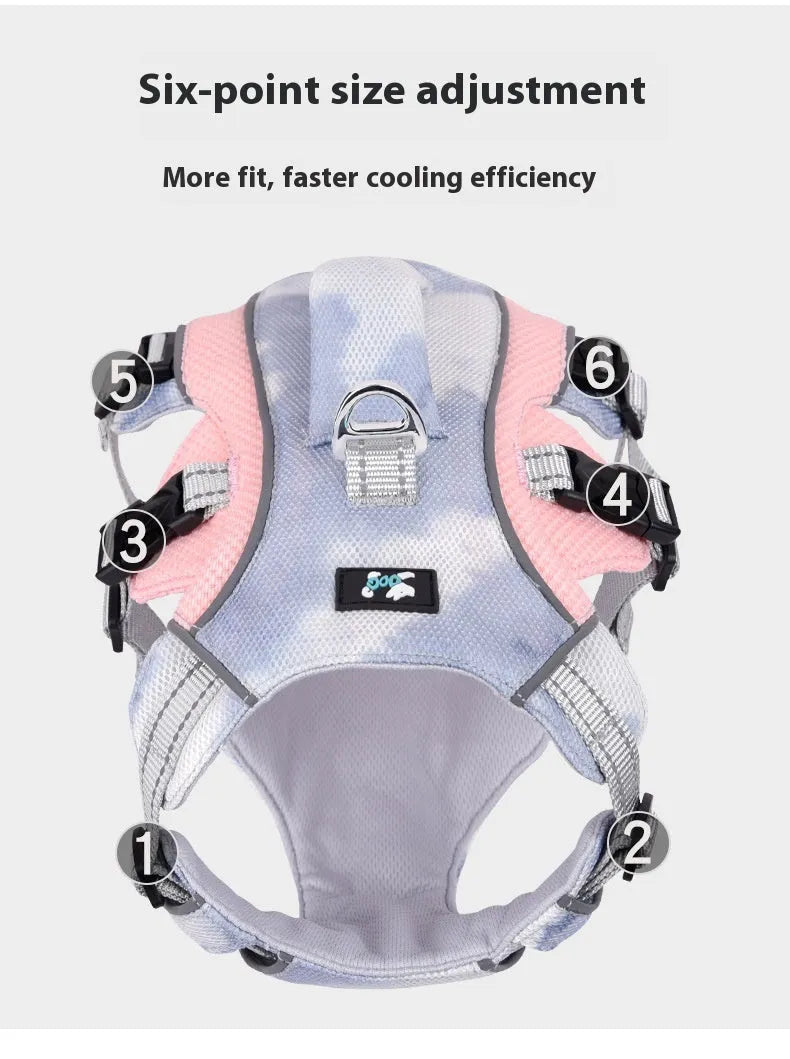 Reflective pet cooling chest strap in polyester material with adjustable design