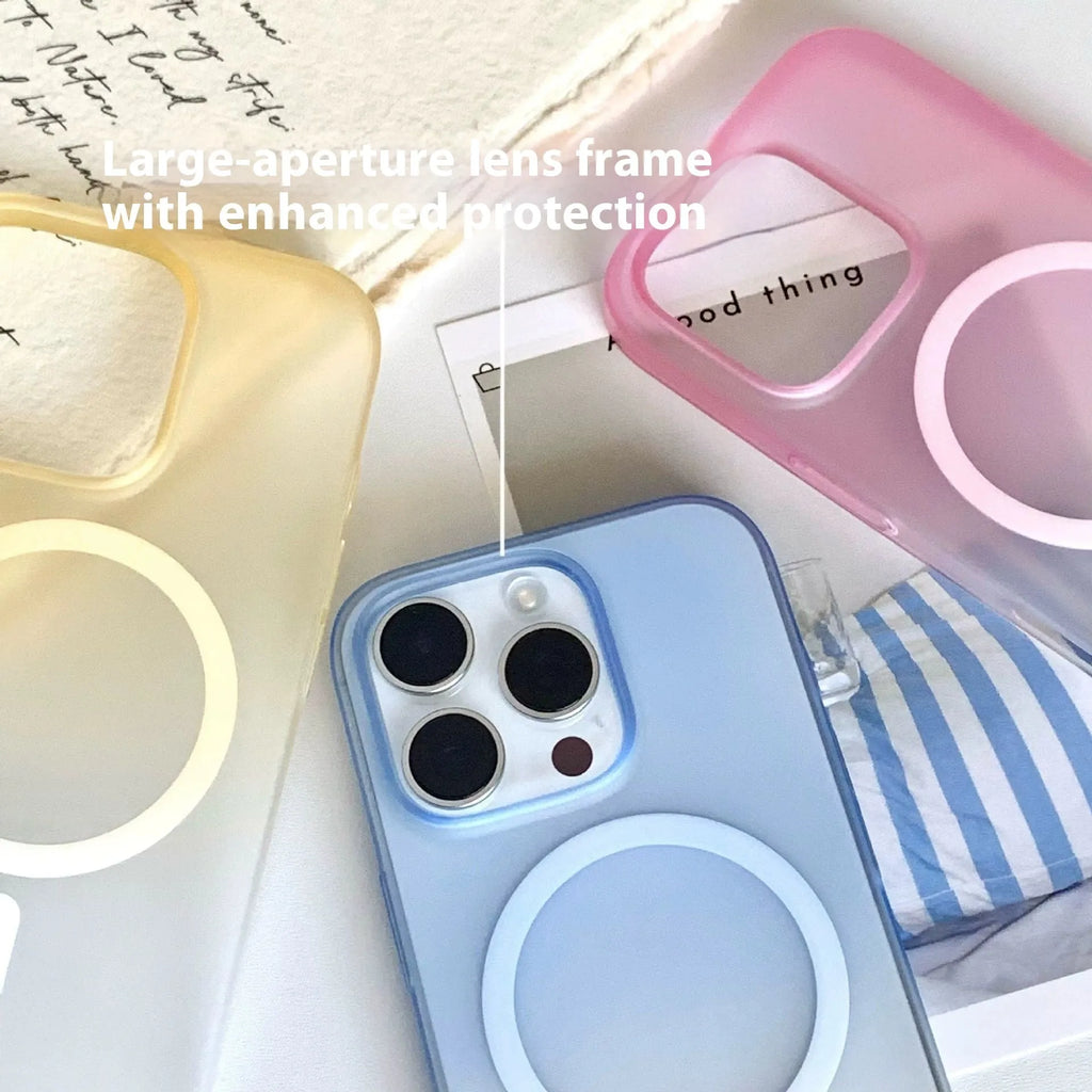 Frosted gradient blue magnetic suction case for iPhone, showing ultra-thin PC construction.